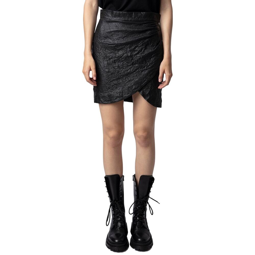 Zadig & Voltaire Black Julipe Crinkled 100% Leather Mini Skirt, wrap, size 42/XL